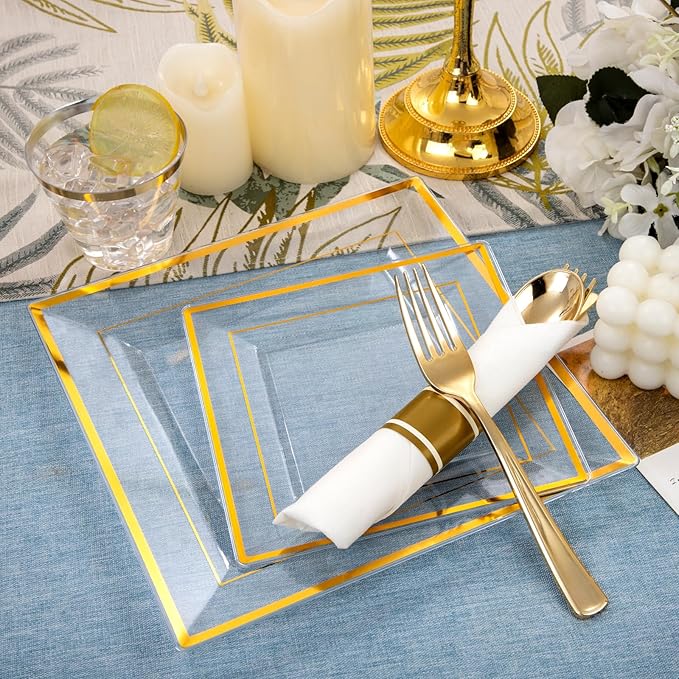 DaYammi 175 PCS Clear Gold Plastic Plates,Gold Plastic Dinnerware Sets,Includes: 25 Dinner Plates,25 Salad Plates,25 Pre Rolled Napkins with silverware,25 Cups 9 OZ, Perfect for Wedding and Party