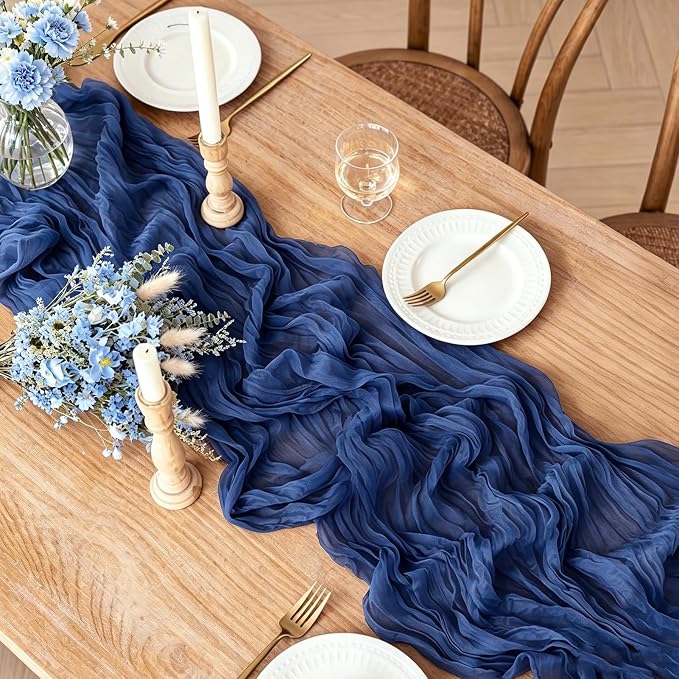 Navy Blue Table Runner, 10FT Rustic Gauze Blue Table Runner 35*120inch Boho - Image 2