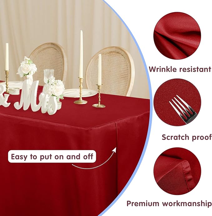 HolidayIdeas 2 Pack Red Fitted Tablecloth for 8ft Tables, 4-Sided Christmas Table Cover for Holiday Markets, Yard Parties, & Gift Tables, Wrinkle-Resistant Washable Xmas Decorations