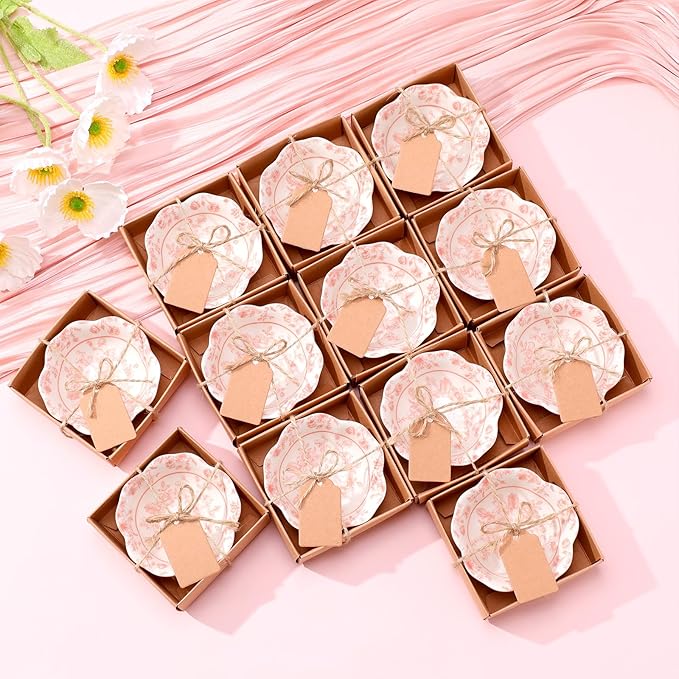 12 Pcs Wedding Favors for Guests Small Ceramic Bowl Bulk Gifts Set 3.3 Inch Floral Design Mini Dipping Sauce Dish with Card Box for Bridal Pooja Baby Shower Birthday Guest Gift (Pink)