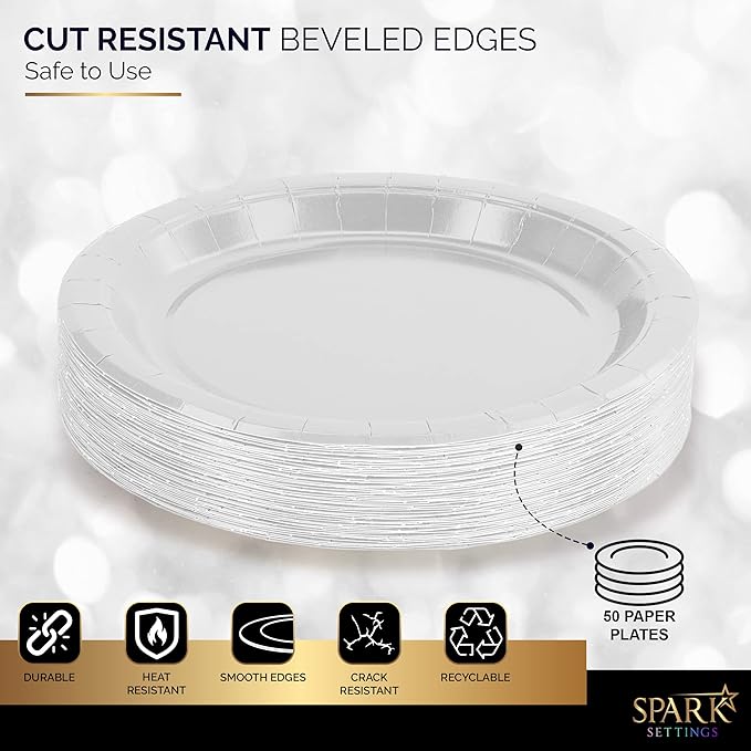 Disposable Paper Plates Silver, 7 Inch Paper Dessert Plates, Strong and Sturdy Disposable Plate for Party, Dinner, Holiday, Picnic, or Travel Party Plate, Pack of 50