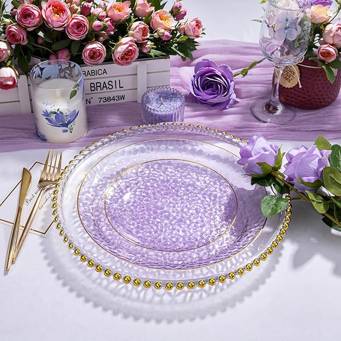 Rubtlamp 100Pcs Purple Gold Plastic Dessert Plates, 7" Purple Disposable Appetizer Plates With Gold Rim, Heavy-duty Party Salad Plates, Hammered Plastic Clear Dessert Plates for Wedding