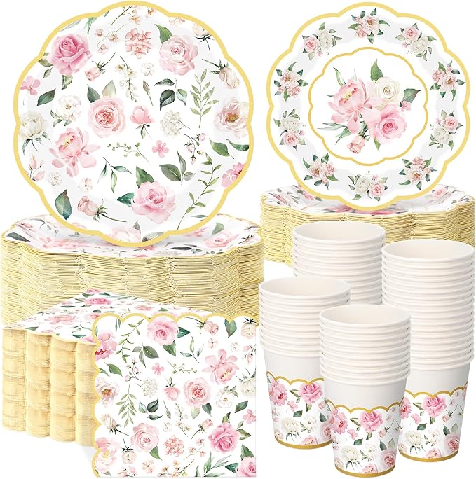 Funnymoom 250 Pcs Floral Party Decorations Flower Paper Plates Napkins and Cups by Funnymoom