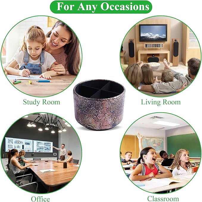 Round Leather Art Supply Organizer,Remote Control Holder,360 Degree Spinning,Multi-Functional Pencil Holder,4 Compartments Desktop Stationary Organizer(1-Rich Flower Gold)