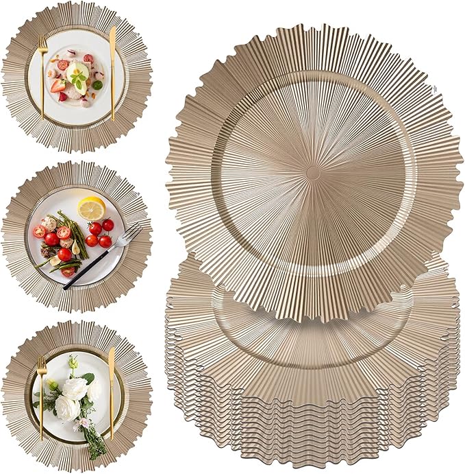 PROY 50 Pcs Champagne Gold Charger Plates, 13 Inch Elegant Fluted Edge Plastic Charger Plates, Round Gold Chargers Dinner Plate Wedding Decoration