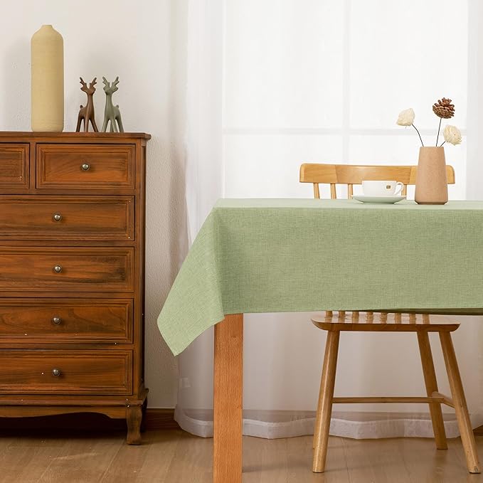 Hiasan Faux Linen Rectangle Tablecloth - Wrinkle and Stain Resistant Washable Table Cloth for Kitchen Dining Room Holiday Table Cover for Dinner, Green, 90 x 132 Inch