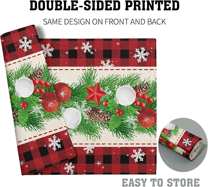 Christmas Placemats Set of 4 - Xmas Bells Place Mat 12x18 Inch Buffalo Plaid Pinecone Table Mat for Party Kitchen Dining Home Holiday Party Decor