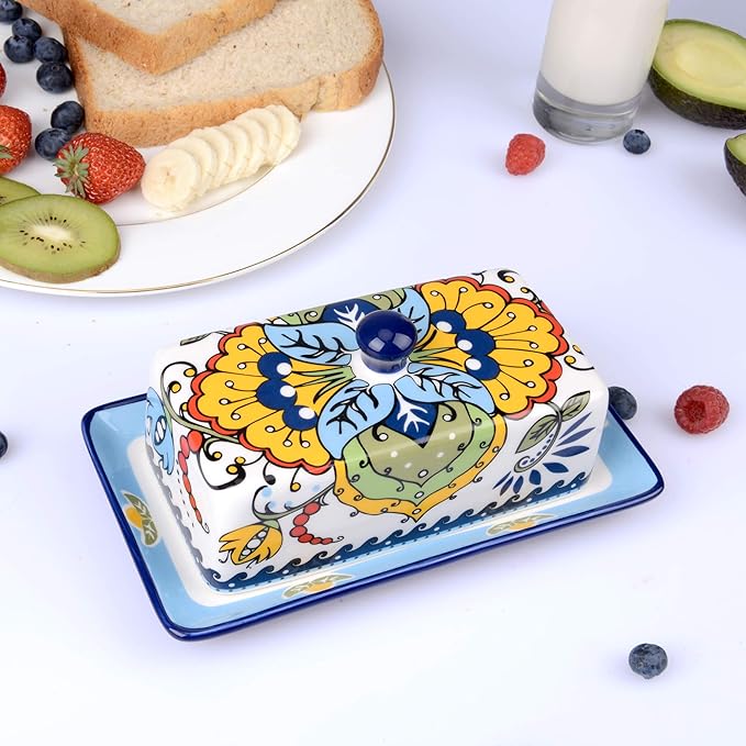 NAGU Hand Drawn Ceramic Butter Dish with Lid, Farmhouse Butter Plate Tray with Cover, Vintage Cheese Container Holder for Kitchen Countertop, Decorative Colored Country Style Home Butter Keeper Saver