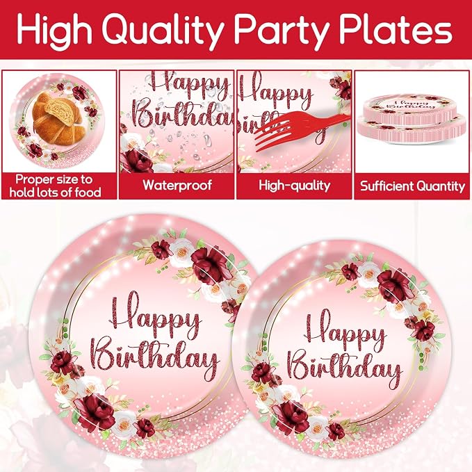 96Pcs Burgundy Birthday Party Supplies Burgundy Floral Paper Plates Napkins - Image 3