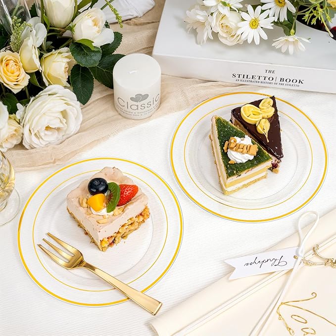 bUCLA 100 Pieces Clear Gold Plastic Plates Disposable - 6.25 Inch Clear Plastic Dessert Plates with Gold Trim for Party, Wedding & Thanksgiving