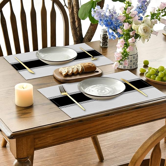 CSFOTO Modern Minimalist Line Decorative Placemats Set of 4 Heat-Resistant Non-Slip Black and White Linen Place Mats for Dining Table 18"x12" Washable