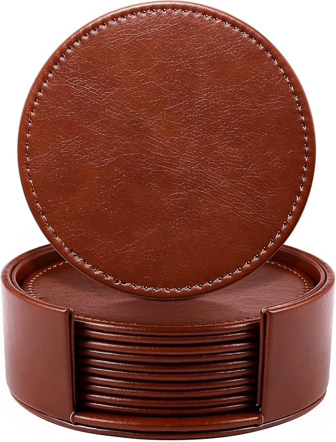 LAMOTI Leather Coasters for Drinks, 4" Drink Coasters Set of 6 with Holder for Tabletop Protection, Handmade Luxurious Home Décor and Housewarming Gift (Brown)