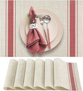 DACHUI Placemats Set of 6, Soft & Elegant Woven Vinyl Place Mats, Water Resistant, Heat Resistant, Washable, Durable Table Mats (Red Stripes)