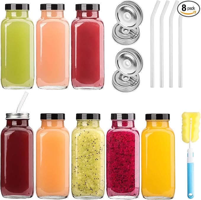 Glxgow 8 Pack 16 OZ Glass Juice Bottles by Glxgow