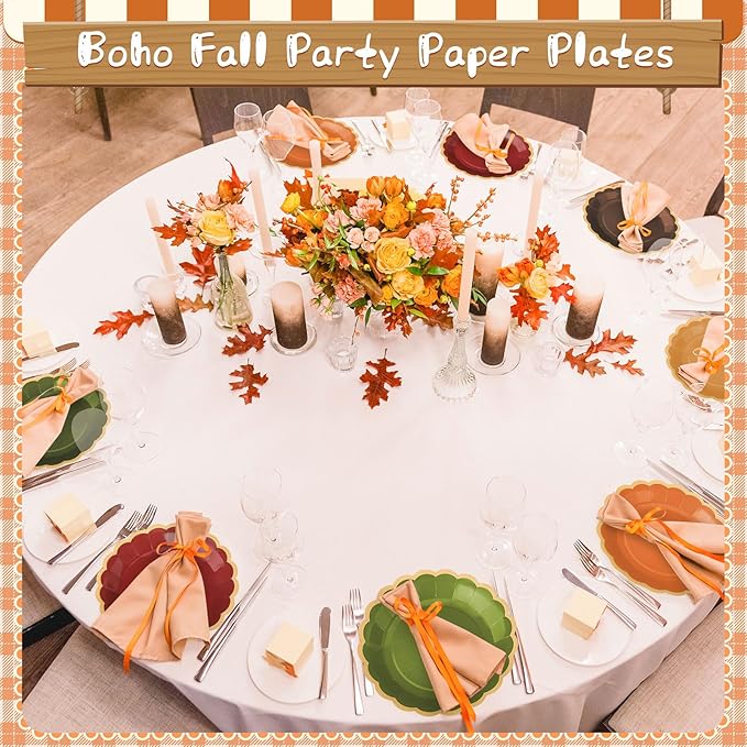 96 Pcs Fall Paper Plates 9 Inch Gradient Scalloped Paper Plates Disposable Dinner Dessert for Birthday Wedding Bridal Party Supplies, 6 Colors