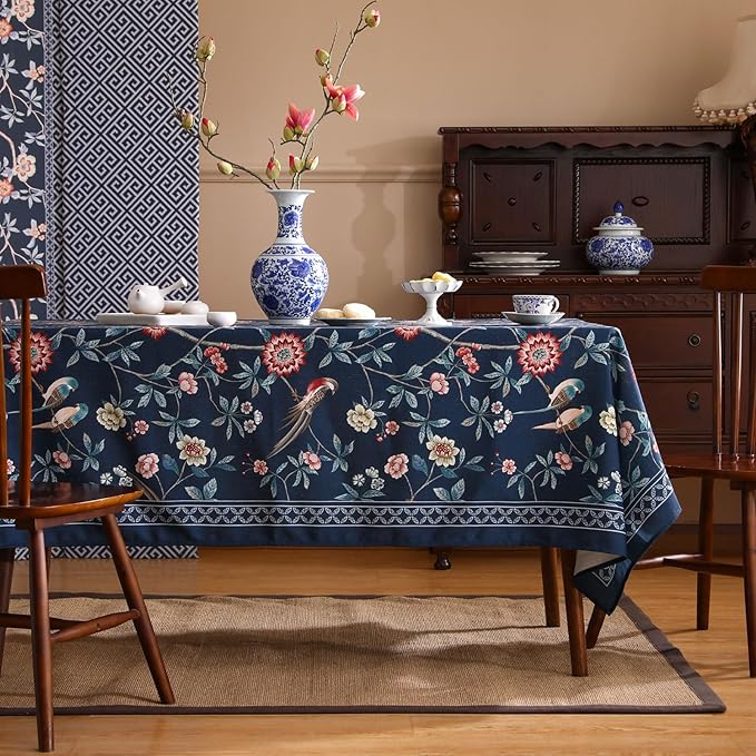 patdrea Designer Dark Blue Linen Rectangle Tablecloth,Vintage Navy French Floral and Birds Pattern Table Cloth,Decoration Table Cover for Kitchen,Dining,Tea Party,Home,Christmas,55"*87"