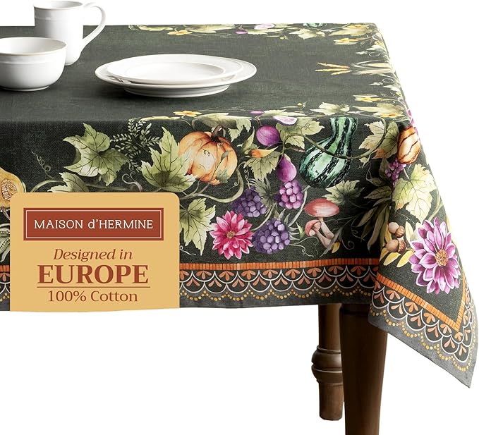 Maison d' Hermine Table Cloth Rectangle Table 100% Cotton 60 x 90 Inches Fall Tablecloth Reusable Everyday Use for Thanksgiving Christmas Decorations Dining Farmhouse (Pumpkin Garden - Dark Green)