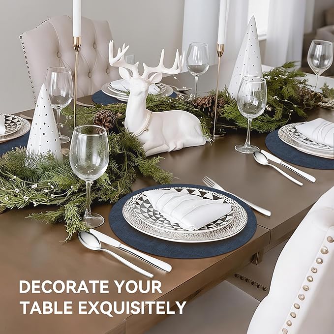 13" Round Placemats Set of 8, Reversible Faux Leather Heat Resistant Table Mats, 100% Waterproof Oilproof Wipeable Table Protective Placemats for Vinyl, Washable for Indoor (8, Navy Blue)