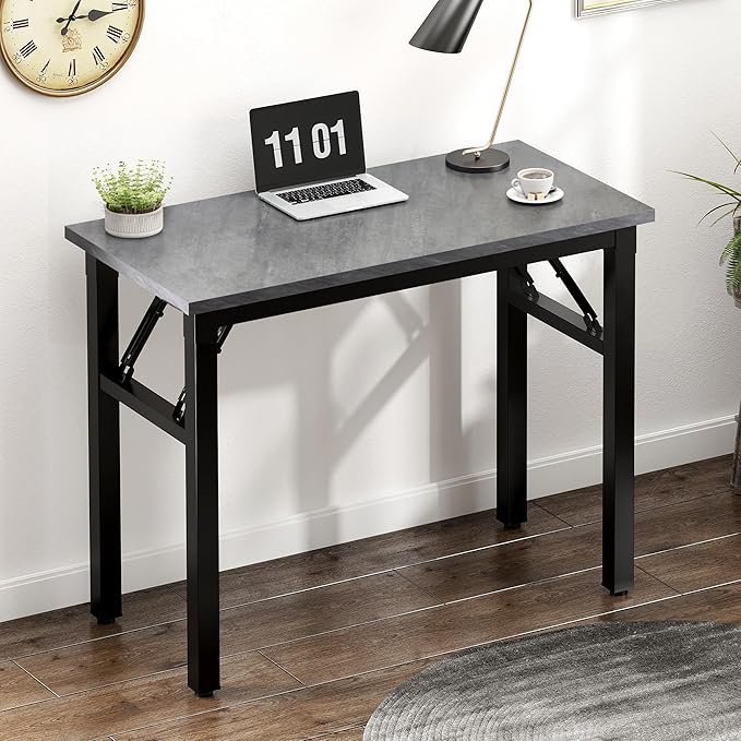 Need 31.5 Inch Folding Desk for Small Spaces, Home Office Computer Desk with Grey Wood Top & Black Frame, Foldable Writing Table for Study, Bedroom, Dorm Room & Student