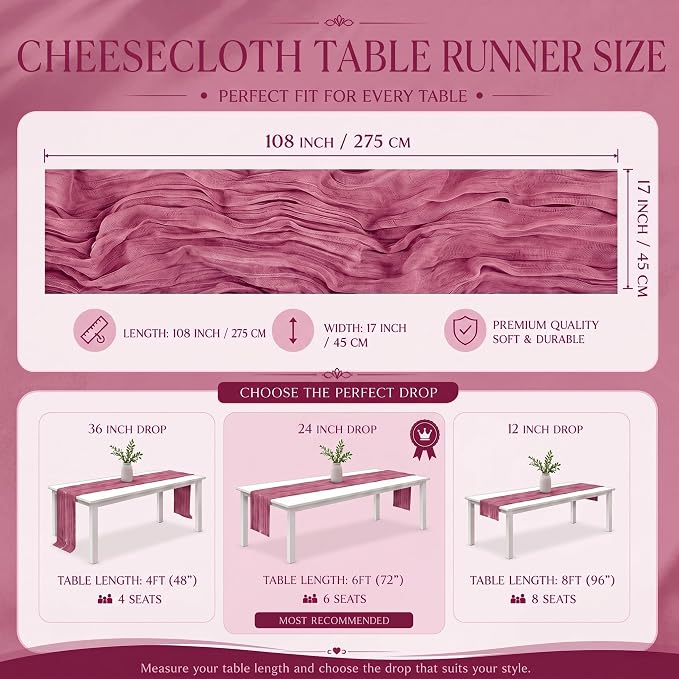 2 Pack Dusty Rose Cheesecloth Table Runner 17x108 Inch Boho Rustic Semi Sheer - Image 3