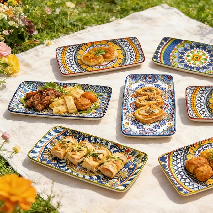 10 Inch Rectangular Ceramic Plates Set of 6 - Bohemian Floral Design in 6 Vibrant Colors, Oven & Microwave Safe Porcelain Appetizer, Salad & Dessert Plates