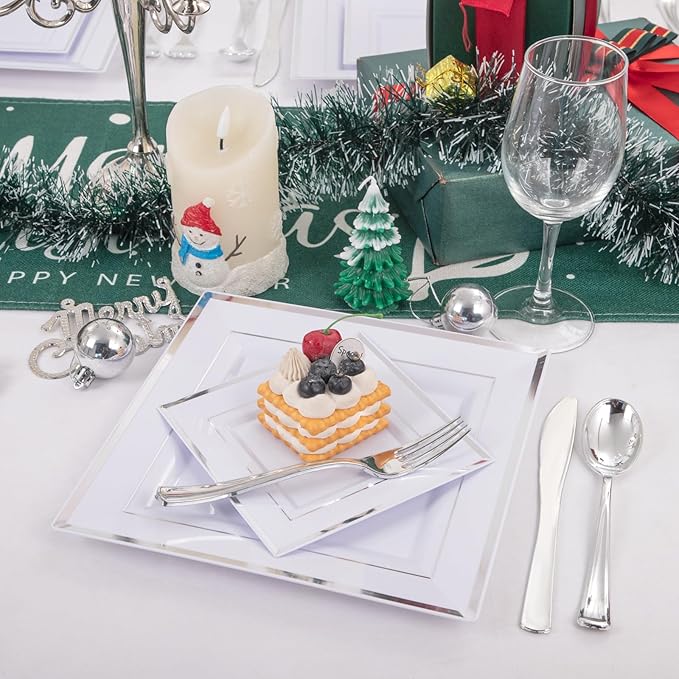 Liacere 100PCS White and Silver Square Plastic Plates - 50PCS Heavy Duty 9.5inch White Dinner Plate and 50PCS 6inch Dessert Plates-Silver Disposable Plate for Party＆Wedding＆New Year&Chrismas