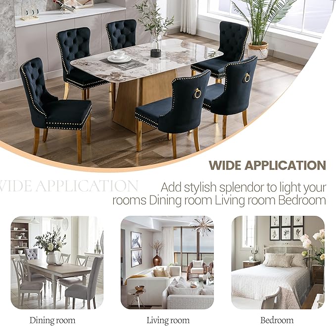 KCC Velvet Dining Chairs Set of 2, Upholstered High-end Tufted Dining Chair with Nailhead Back Ring Pull Trim Stainless Steel Legs, Contemporary Nikki Collection Modern Style for Kitchen, Black