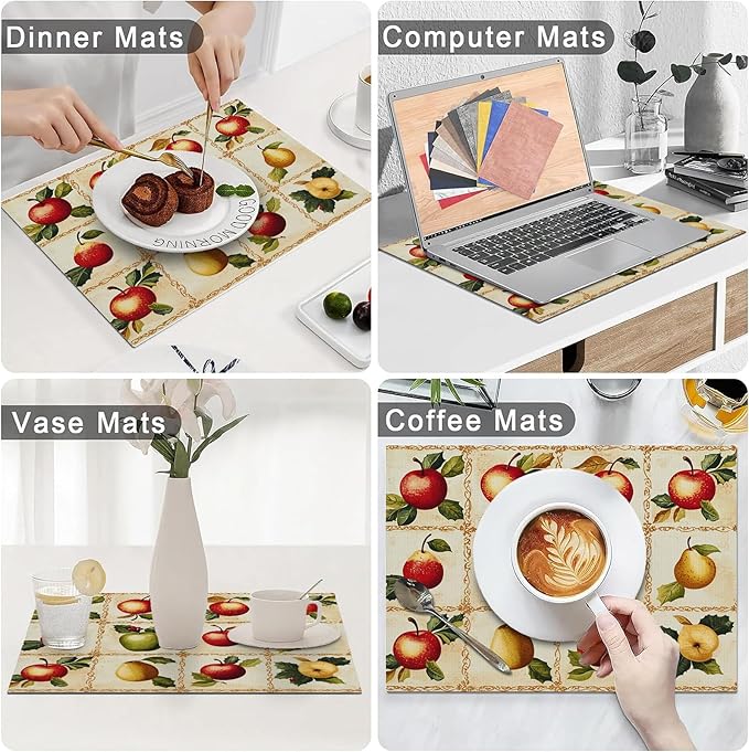 Apple Pear Placemats Set of 6, Retro Fruit Place Mats, Fruits Waterproof Washable Table Mats for Home Party Indoor Kitchen Dining Table Decoration 12x18 Inch