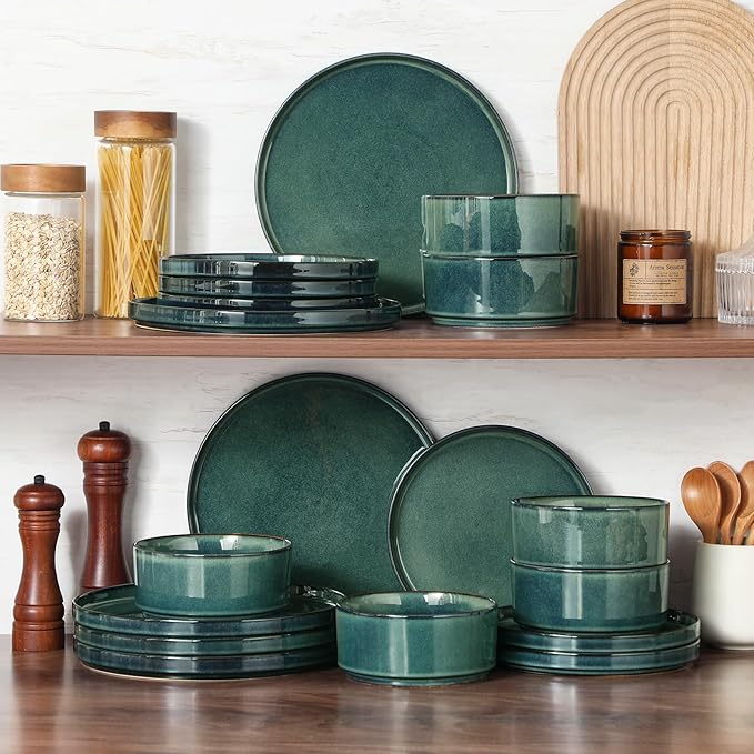 vancasso Plates and Bowls Sets for 6, 18 Pieces Green Dinnerware Sets for Kitchen, Modern Stoneware Dishes Set, Dishwasher and Microwave Safe, Series Starry