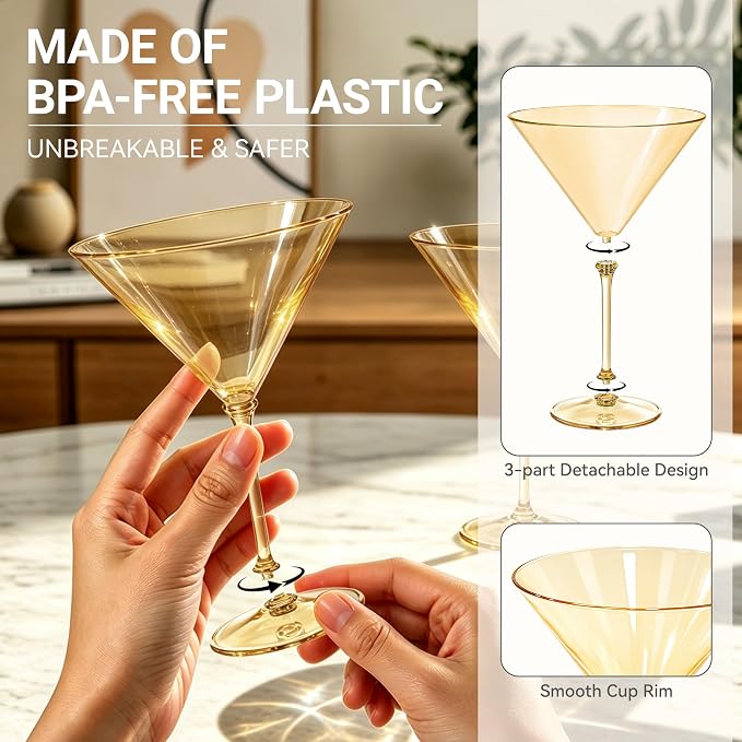 Plastic Martini Glasses Set of 12, 9 oz Gold Cocktail Cups | Unbreakable - Image 4