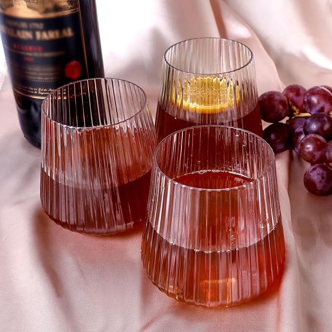 20 Pack Plastic Ribbed Wine Glasses, 14Oz Origami Disposable Wine Glasses Unbreakable Clear Plastic Cocktail Glasses Recyclable Shatterproof Reusable Wine Cups