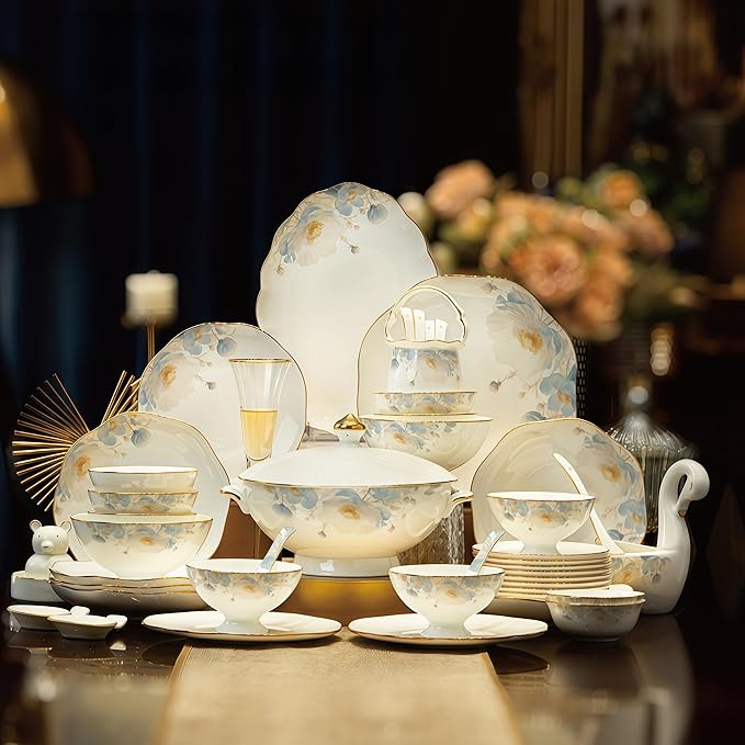 Fine Bone China Dinnerware Set,Porcelain&Ceramic Dinnerware Sets,Bone Stoneware & Ceramic Cookware Tableware Set Includes Dinner Plates|Spoons|Pasta Bowls|Soup Pot|Chopsticks (68 PCS)