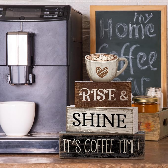 Moucuny 4 Pcs Farmhouse Coffee Bar Sign Decor Wooden Cup Rise & Shine It's - Image 4