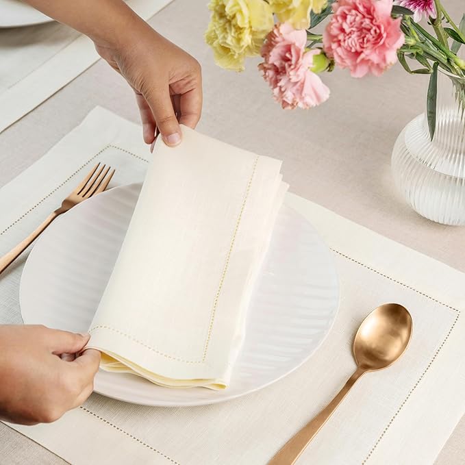 D'Moksha Homes Ivory Linen Napkins Set of 4 - Classic Hemstitch 100% Pure Linen Hemstitch Dinner Napkins 20 x 20 Inch for Valentines, Spring, Easter - Handcrafted and Machine Washable