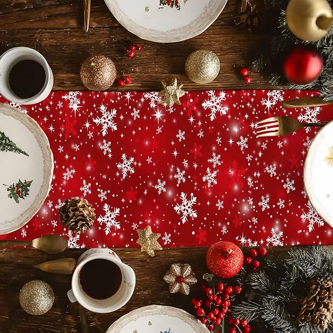 Red Christmas Table Runners 72 Inches Long, Cotton Linen Fabric Snowflake Table - Image 6