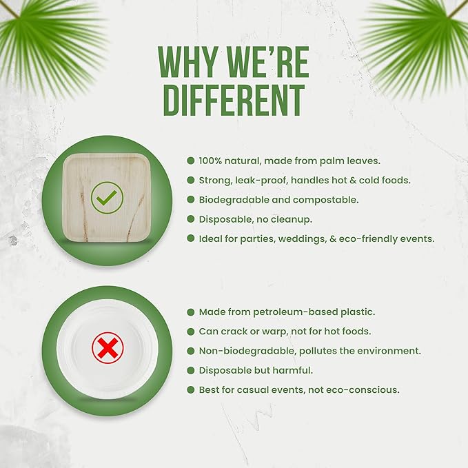 Palm Leaf Plates 10 Inch & 7 Inch (50-Pack), Square Bamboo Plates Disposable, Eco-Friendly, Biodegradable & Compostable Bamboo Appetizer Plates, Perfect Dinnerware for Desserts, Snacks, & Parties