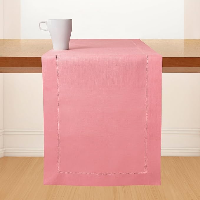 D'Moksha Homes Linen Dusty Pink Table Runner 120 Inches Long - 100% Pure Linen Hemstitch 14 x 120 Inch Table Runner for Dining, Valentines, Spring, Easter - Classic Hemstitch