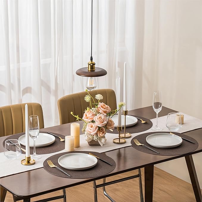 Jovono 15" Faux Leather Big Round Placemats Set of 8 - Washable Heat Resistant Non-Slip Dining Table Mats with Fabric Texture for Kitchen Home Party Decor, Coffee