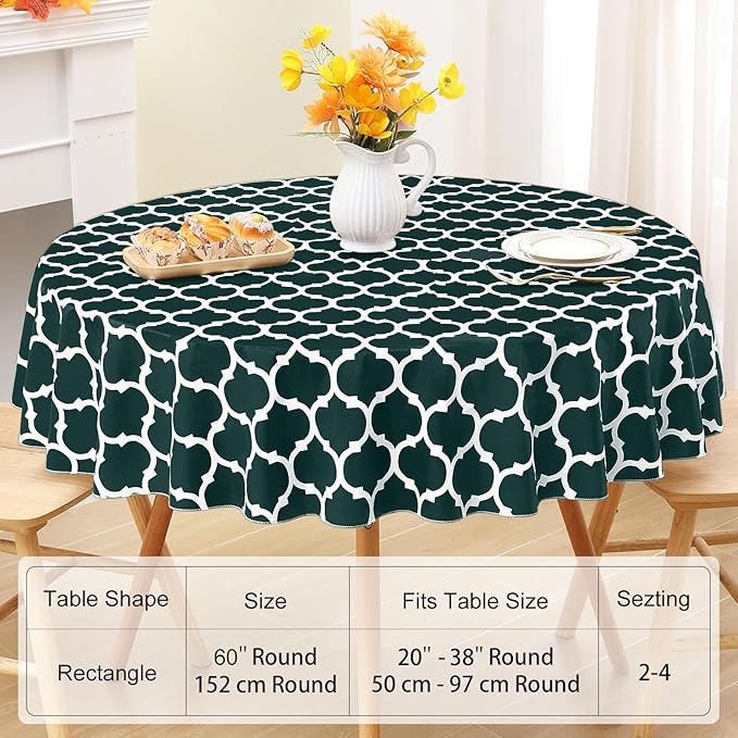 Smiry Round Plastic Table Cloth, Waterproof Vinyl Tablecloth with Flannel Backing for Round Tables, Wipeable & Spillproof for Dining, Camping, Indoor and Outdoor (60" Round, Hunter Green)