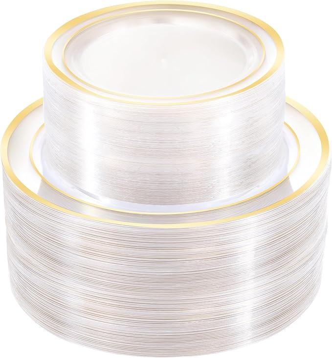 200 PCS Clear Gold Plastic Plates, Gold Rimmed Disposable Party Plates Include 100 Dinner Plate and 100 Dessert Plate Perfect for Party, Holiday, Birthday, Wedding