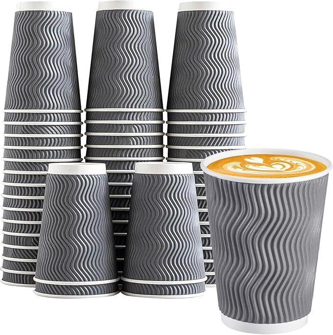 Lamosi 500 Count 8 oz Insulated Coffee Cups Bulk, Disposable Paper Cups No Lids 8oz, Corrugated Ripple Wall Design for Hot Beverage (Grey)