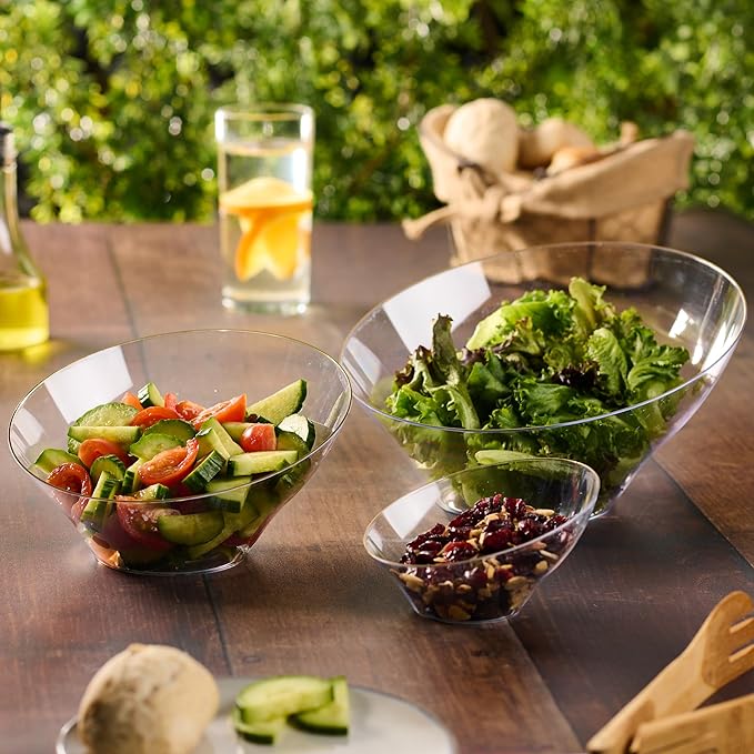 PLASTICPRO Angled Plastic Bowls Disposable Medium Plastic Clear Serving Bowls with Gold Rim for Party for Appetizer Salads Pack of 4