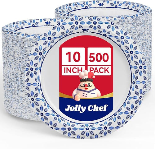 10 inch Disposable Paper Plates 500 Count | Soak Proof, Cut Proof, Heavy Duty by JOLLYCHEF