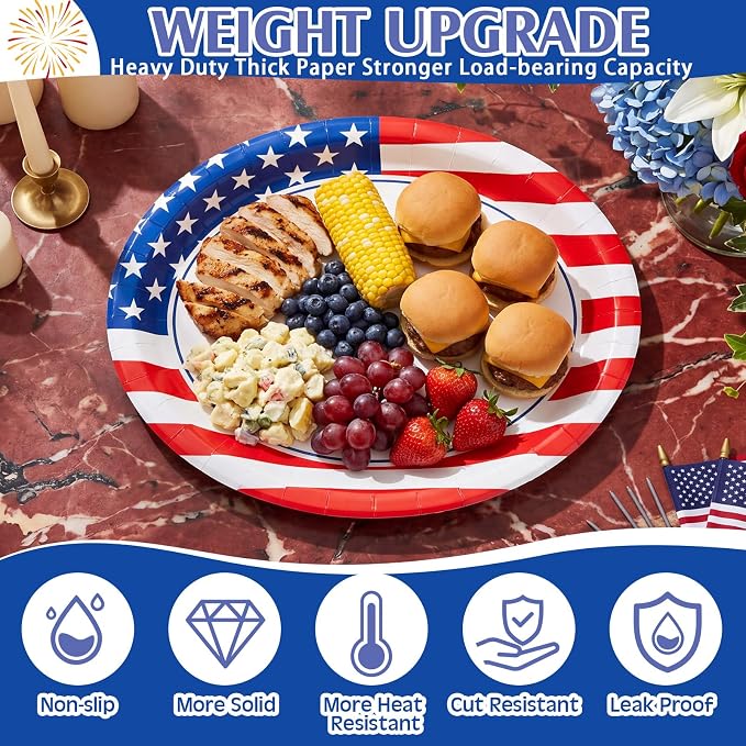 350 Pcs 4th of July Party Decorations 12 inch Disposable Patriotic Oval Plates - Image 3
