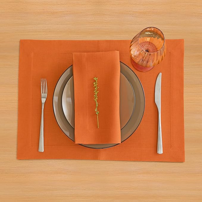 Solino Home Linen Placemats Set of 4 - Persimmon Orange Placemats 14 x 19 Inch - 100% Pure Linen Table Place Mats for Spring, Easter - Fete