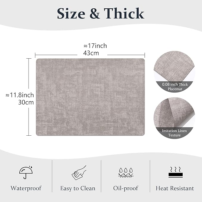 FROMHEART Faux Leather Placemats Set of 8–Waterproof,Heat/Oil Stain-Resistant PU Table Mat–Reversible,Non-Slip,Easy to Clean Place Mats for Kitchen,Dining,Indoor/Outdoor,(Light Grey,11.8" x 17")