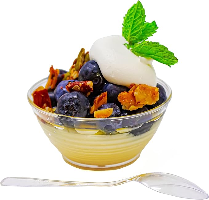 50 Pack 3 oz. Asian-Style Clear Mini Plastic Bowl With Spoons | Appetizer Bowls and Disposable Dessert Bowls | Professional-Grade Recyclable Mini Dessert Cup for Appetizers | CMJJ