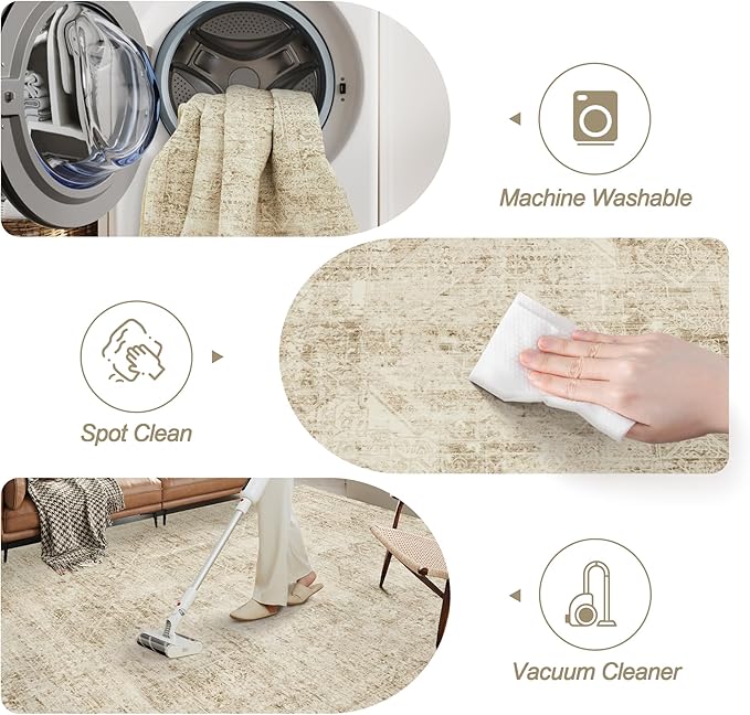 5x7 Area Rugs Brown Low Pile Indoor Washable Trendy Faded Style Floral Rugs for Bedroom Living Room Dining Room Foldable Non-Slip Thin Print Mat