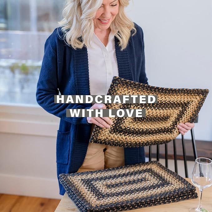 Homespice Kilimanjaro Jute Woven Placemats, Warm Primitive Decor, Set of 4, Black and Tan 13x19 Rectangle Table Mats - Vibrant Colors, Durable, Easy to Clean and Protects Furniture