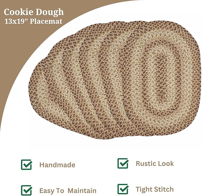 Homespice Cookie Dough Jute Braided Oval Placemats, Warm Farmhouse Decor, Set of 6, 13x19 Brown Table Mats - Vibrant Colors, Durable, Easy to Clean and Protects Furniture